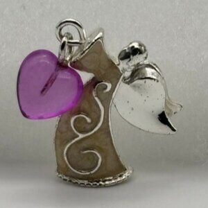 Vintage Avon Lapel Pin, Angel Holding Dangling Purple Heart Silver Tone W/Enamel